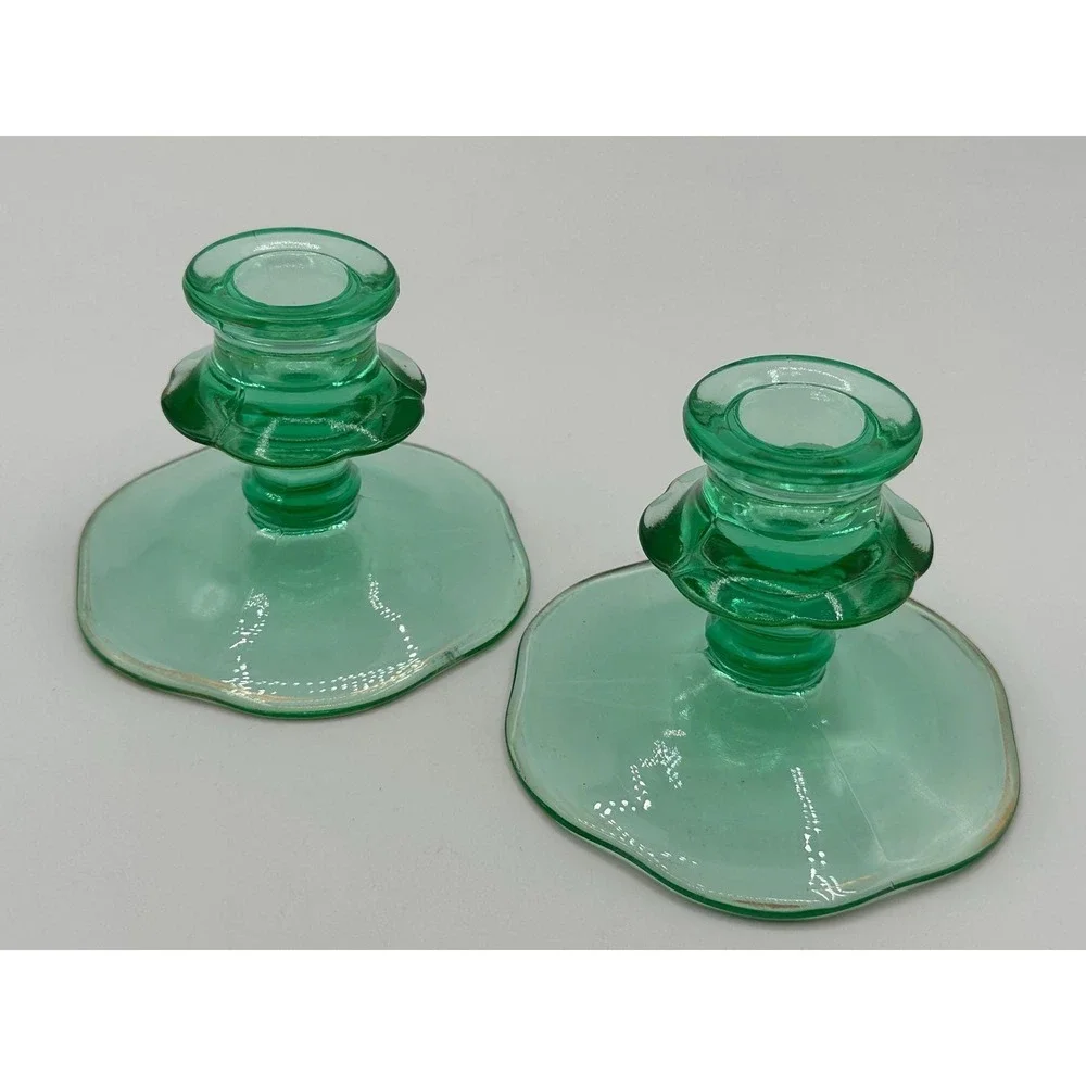 Antique Uranium Glass Candlestick Holders - Glowing Depression Era Decor